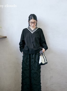 秋季新品 桑妮库拉/Sunny clouds 纯棉V领落肩针织衫罩衫撞色上衣