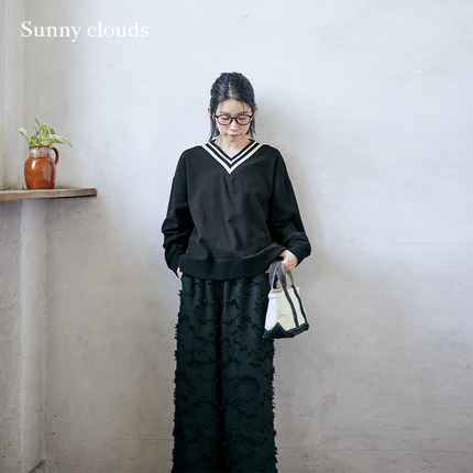 秋季新品 桑妮库拉/Sunny clouds 纯棉V领落肩针织衫罩衫撞色上衣