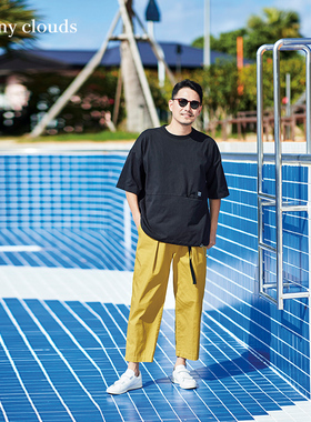 桑妮库拉/Sunny clouds 纯棉落肩五分袖T恤黑色套头短袖