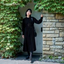 冬季新品 桑妮库拉/Sunny clouds黑色灯芯绒褶裥连衣裙宽松长裙女