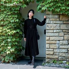 冬季新品 桑妮库拉/Sunny clouds黑色灯芯绒褶裥连衣裙宽松长裙女