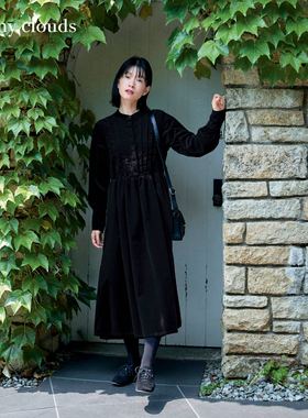 冬季新品 桑妮库拉/Sunny clouds黑色灯芯绒褶裥连衣裙宽松长裙女