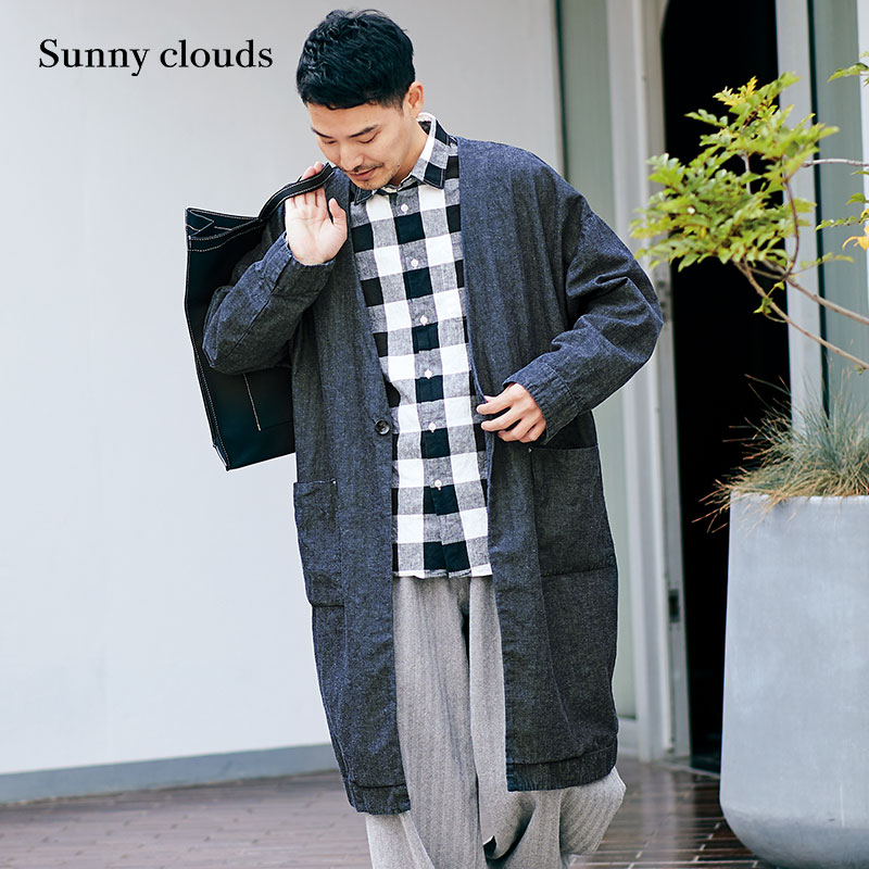 桑妮库拉/sunny clouds 男式棉麻无领塌肩宽松靛蓝染牛仔外套
