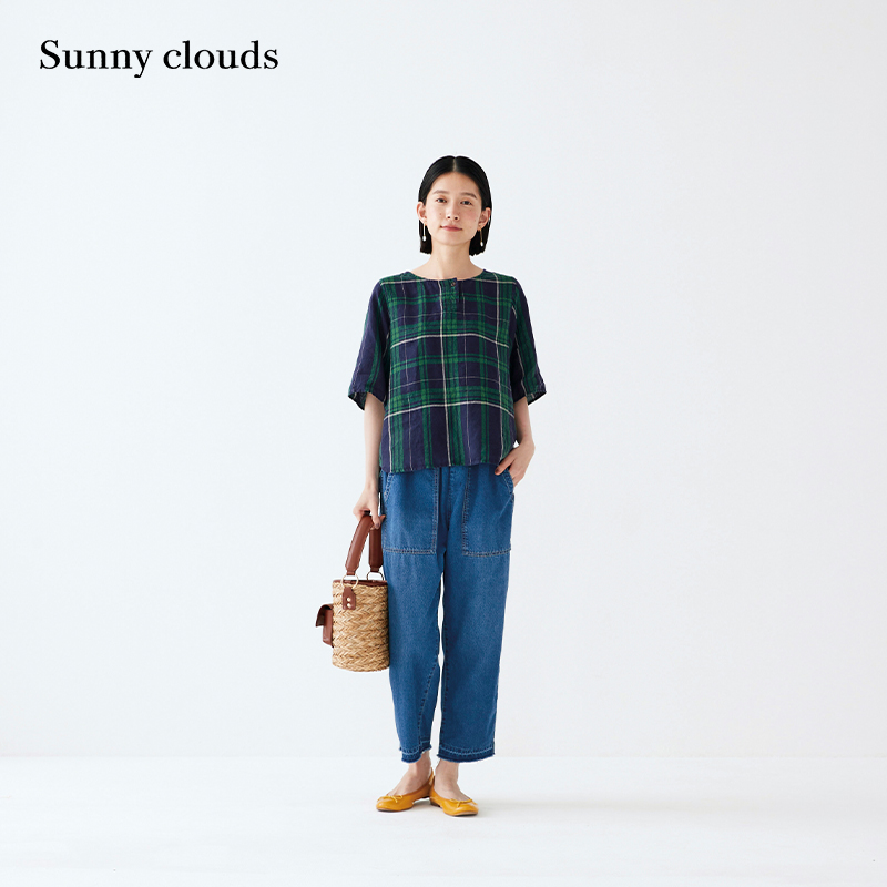 夏季新品 桑妮库拉/Sunny clouds 亚麻蓝绿格子条纹罩衫衬衫短袖