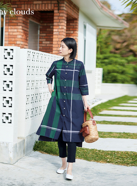 桑妮库拉/Sunny clouds纯棉蓝绿大格子长款衬衫宽松长裙