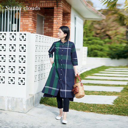 桑妮库拉/Sunny clouds纯棉蓝绿大格子长款衬衫宽松长裙