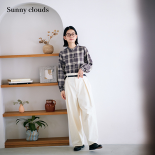 秋季新品 桑妮库拉/Sunny clouds棉麻立领格子衬衫日系外套宽松女