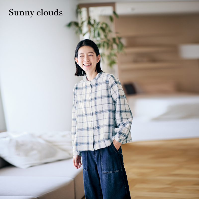 蓝白棉麻格子衬衫日系上衣