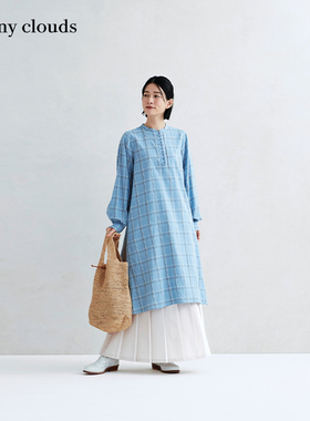 桑妮库拉/Sunny clouds纯棉灯笼袖格子衬衫裙中长裙浅蓝