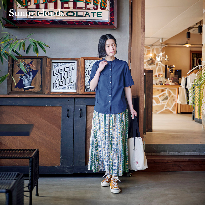 女式纯棉五分袖蕾丝领衬衫藏青