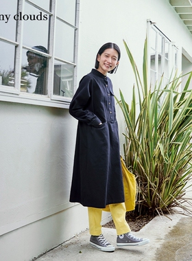 春季新品 桑妮库拉/Sunny clouds纯棉工装风人字纹连衣裙黑色长裙