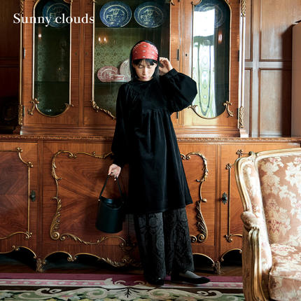 冬季新品 桑妮库拉/Sunny clouds天鹅绒灯笼袖中长款罩衫黑色衬衫