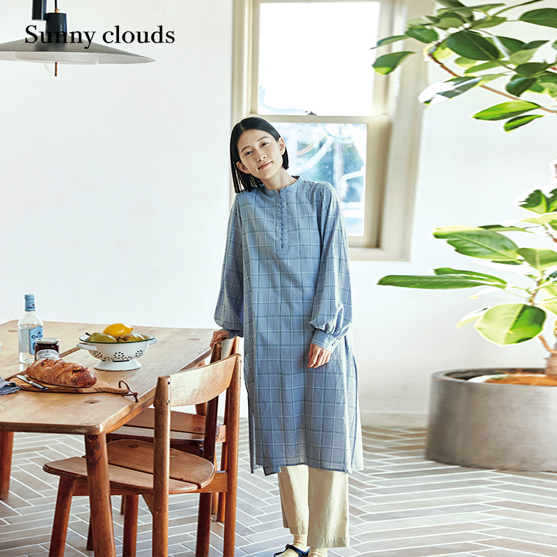 春季新品 桑妮库拉/Sunny clouds蓝灰色纯棉灯笼袖格子衬衫裙长裙