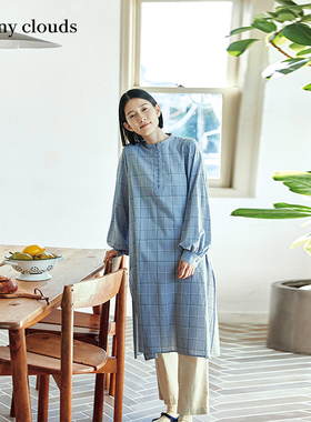桑妮库拉/Sunny clouds蓝灰色纯棉灯笼袖格子衬衫裙长裙