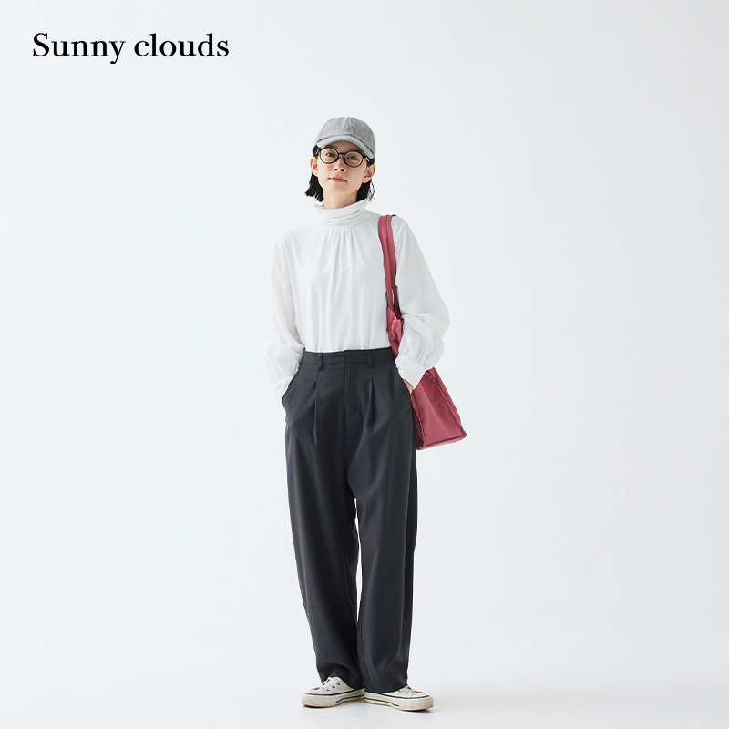 女式棉混拼接袖高领衫