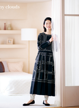 秋季新品 桑妮库拉/Sunny clouds纯棉方巾印花连衣裙黑色长裙日系