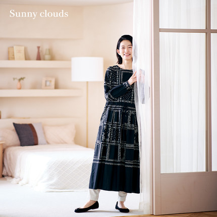 秋季新品 桑妮库拉/Sunny clouds纯棉方巾印花连衣裙黑色长裙日系