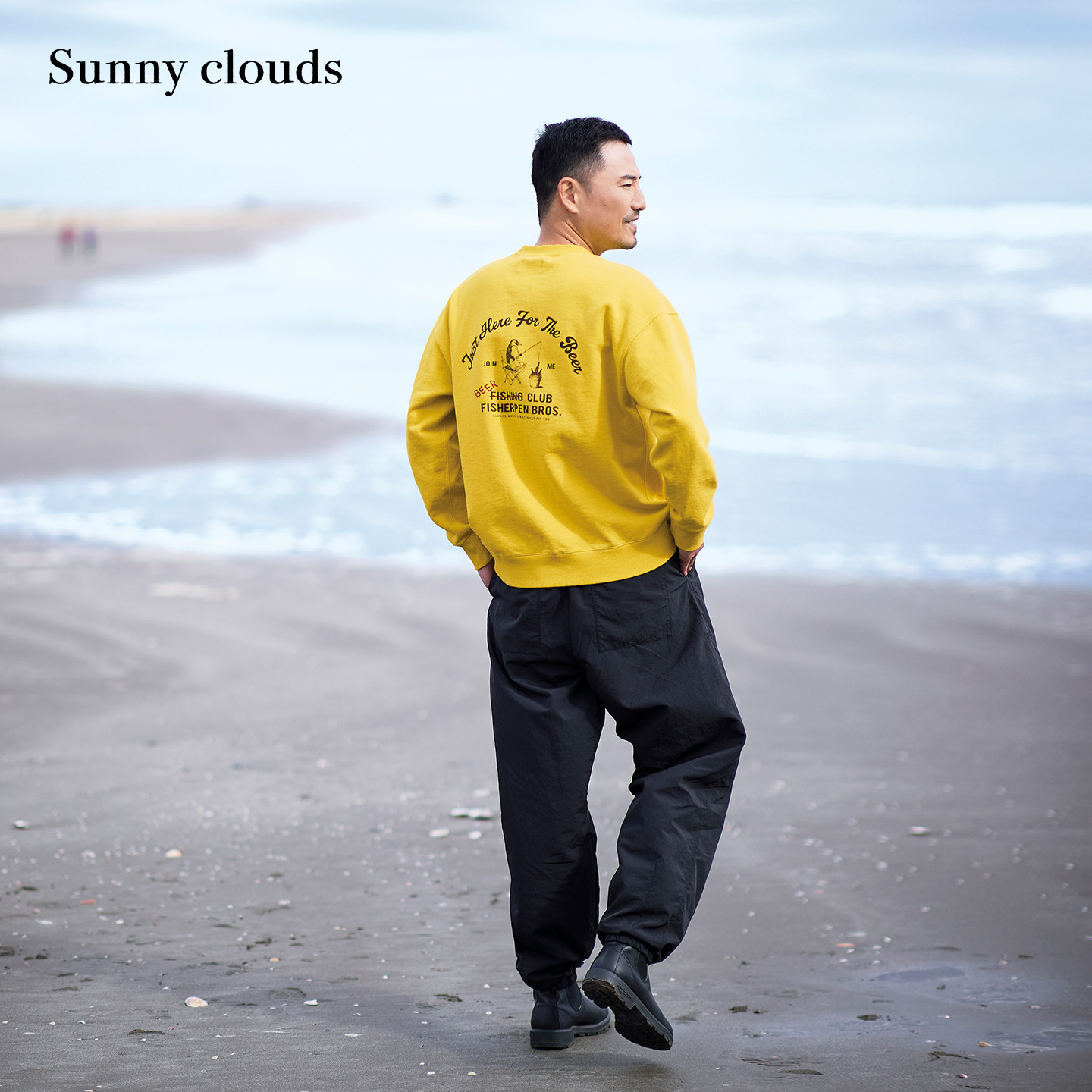 春季新品 桑妮库拉/Sunny clouds男式纯棉落肩复古风印花卫衣黄色