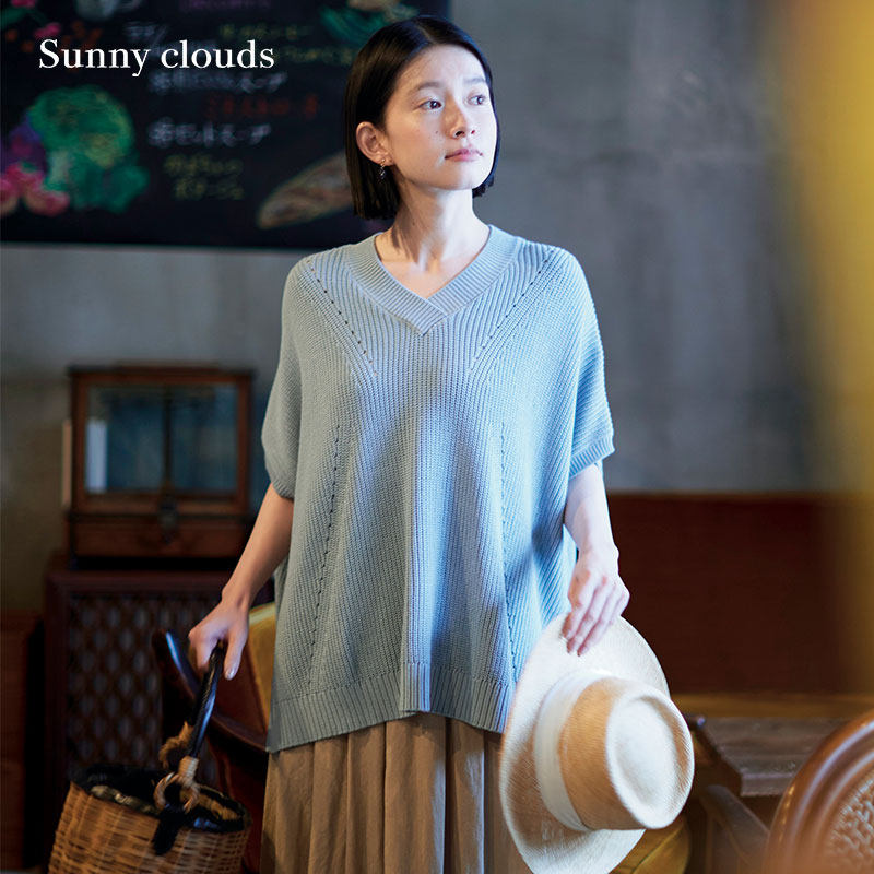 桑妮库拉/Sunny clouds 女式纯棉V领连肩袖宽松针织衫（雾霾蓝） - 实物图