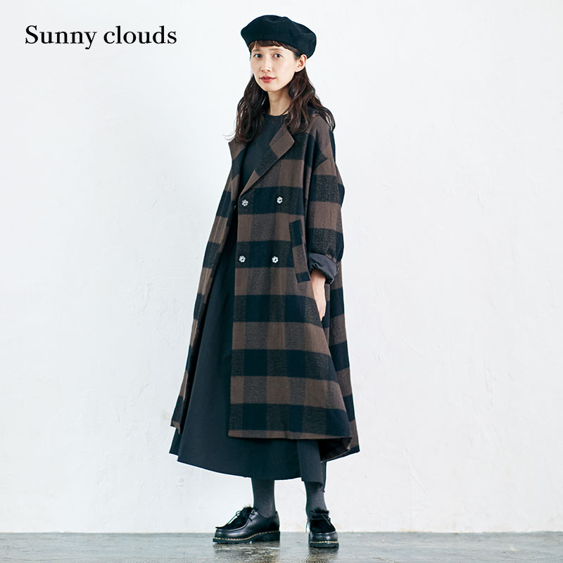 Sunny clouds Shuttle Notes日本面料 女式棉毛塌肩宽松格子大衣 女装/女士精品 毛呢外套 原图主图