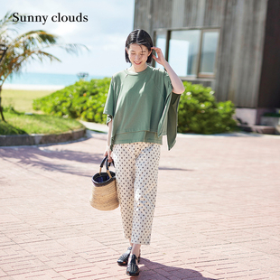 clouds 女式 桑妮库拉 Sunny 新品 棉混微弹印花九分萝卜裤 夏季