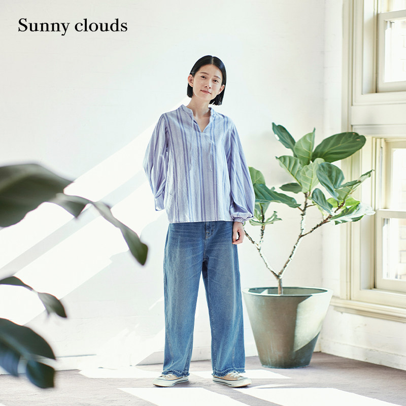 桑妮库拉/Sunny clouds纯棉蓝色条纹灯笼袖罩衫宽松衬衫
