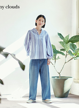 桑妮库拉/Sunny clouds纯棉蓝色条纹灯笼袖罩衫宽松衬衫