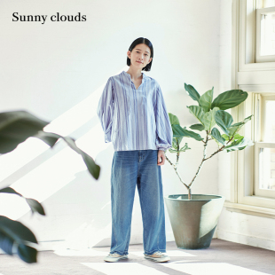 clouds纯棉蓝色条纹灯笼袖 罩衫 桑妮库拉 Sunny 新品 宽松衬衫 春季