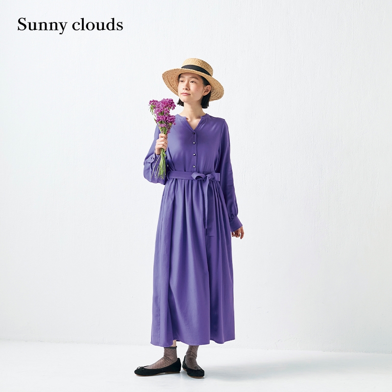 女式棉混垂滑剪刀领灯笼袖连衣裙