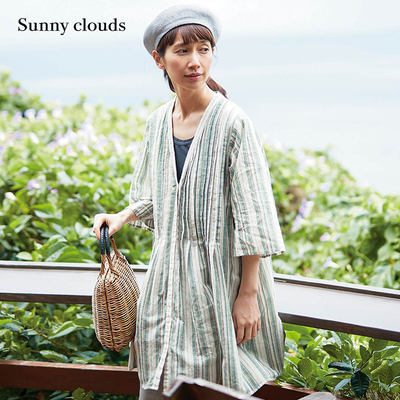 Sunny clouds Shuttle Notes日本面料 女式纯棉深V领条纹连衣裙