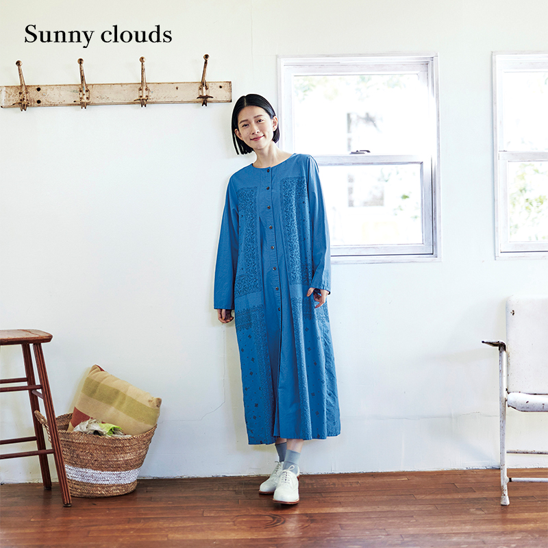 桑妮库拉/Sunny clouds 女式纯棉方巾印花长款衬衫裙