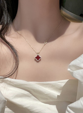 微镶锆石秋冬锁骨链红色双面四叶项链女爆款设计师锁骨链小众颈