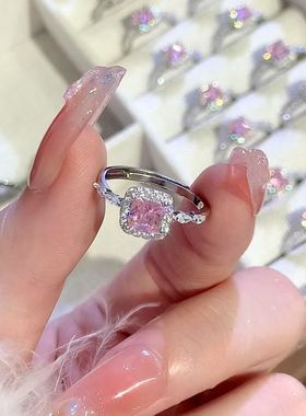 跨境爆款粉钻小方糖戒指女轻奢高级感单钻戒指饰品尾戒开口食指环