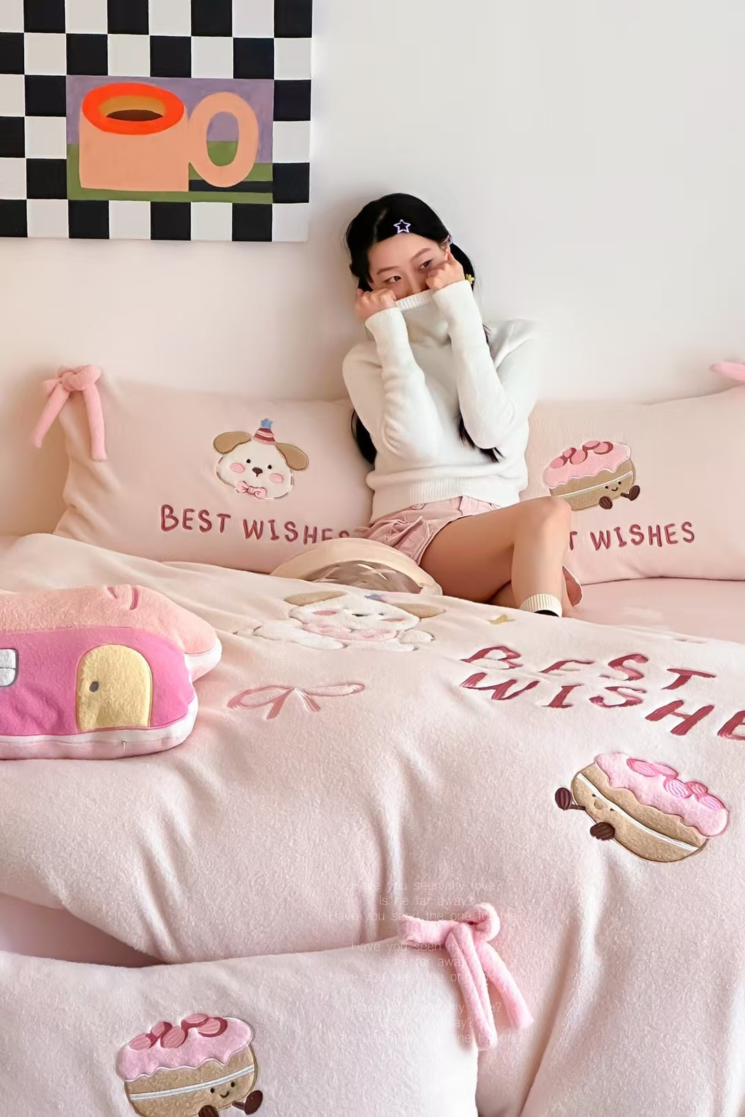 冬季保暖仿羊绒美拉绒牛奶绒四件套床上用品被套床单牛奶风刺绣