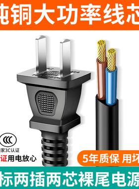 国标电源线2芯纯铜二脚插头带线0.5/1/1.5平方纯铜两二插裸尾电线