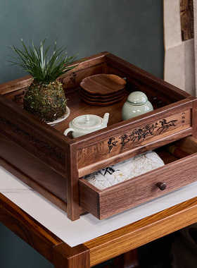 北美黑胡桃木置物架茶具收纳架茶桌博古架复古文盘带抽屉茶饼盒