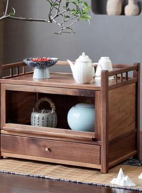 北美黑胡桃木博古架茶壶茶具置物架新中式摆件典雅单抽防尘收纳架