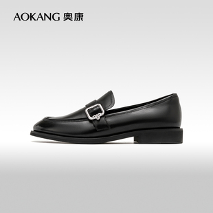奥康女鞋 2024秋季新款复古金属扣真皮粗跟乐福鞋上班族浅口单鞋
