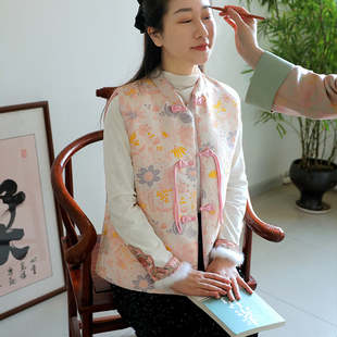 女士盘扣棉马甲中国风复古薄款 夹棉保暖棉背心坎肩冬 马夹女新中式