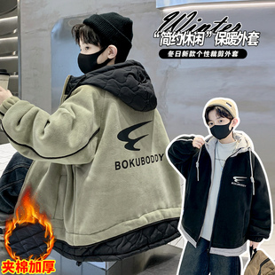 男童冬季夹棉外套2025新款个性中大童连帽棉服酷帅炸街男孩冬装潮