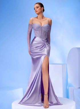 ong Sleeve High Tail Split Evening Red Carpet Wedding Dress