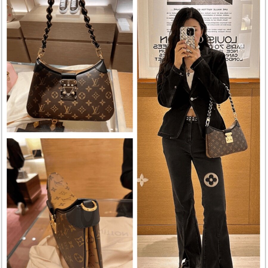 LV/女包新款Twinny拼色锁扣老花黑牛角包链条包手提包单肩斜挎包