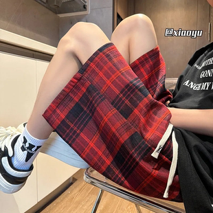 300斤大码红色格子短裤男夏季美式复古五分裤子宽松学院风中裤潮