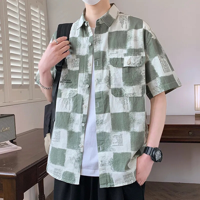 短袖衬衫男夏季潮牌格子衬衣
