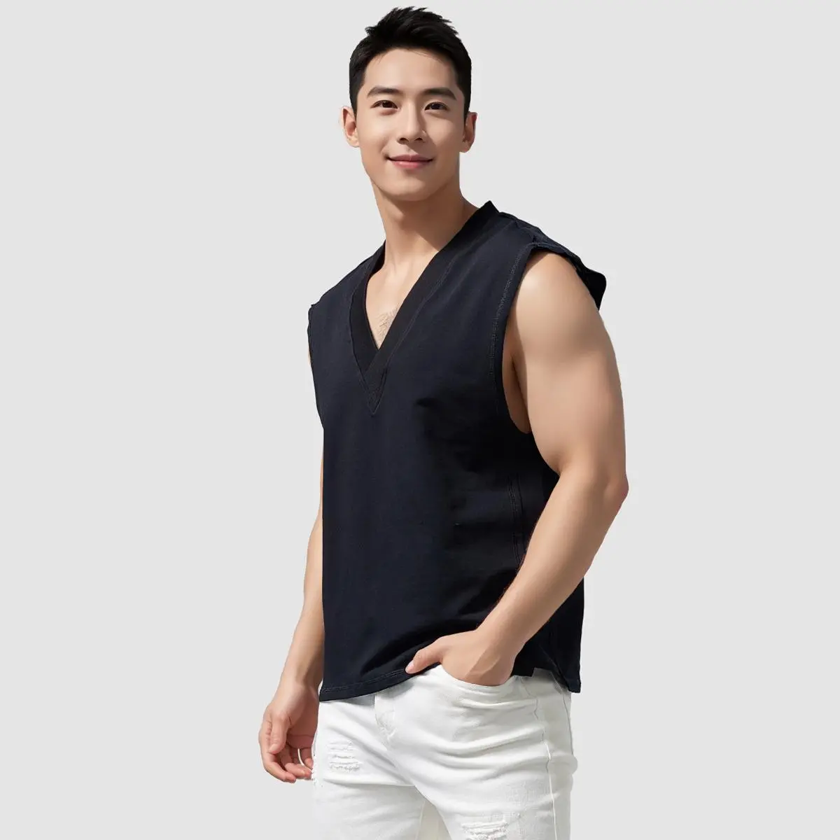 加大码大V领无袖T恤男宽松