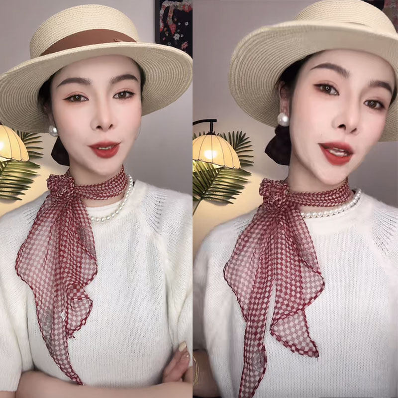 春夏新款乔其纱红色方格玫瑰花韩国飘带长条巾百搭风时尚高级围巾