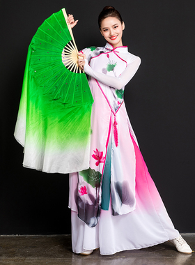 真丝舞蹈扇子加长绿色双面广场舞扇秧歌扇子跳舞扇子表演扇子道具