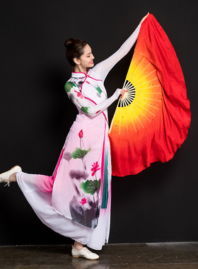 真丝扇舞蹈扇跳舞扇加长双面秧歌扇开场舞扇子火焰扇彩扇红色渐变