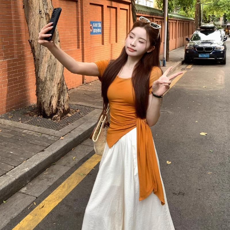 橘色正肩冰丝针织短袖T恤女夏季不规则设计感小个子收腰绑带上衣