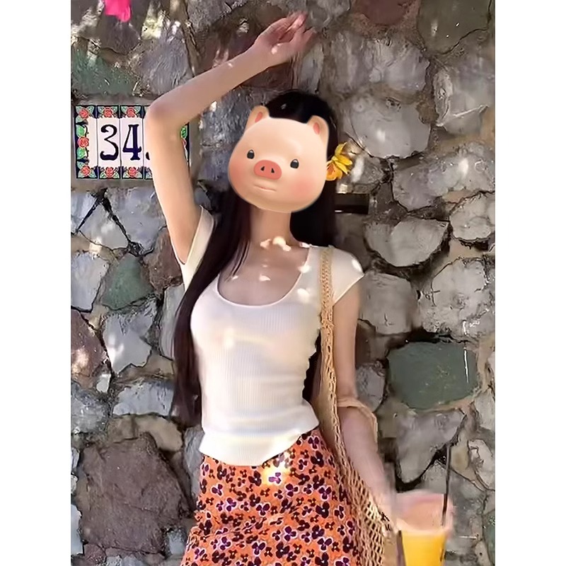 白色U领正肩冰丝针织短袖T恤女2025夏季新款修身显瘦辣妹短款上衣